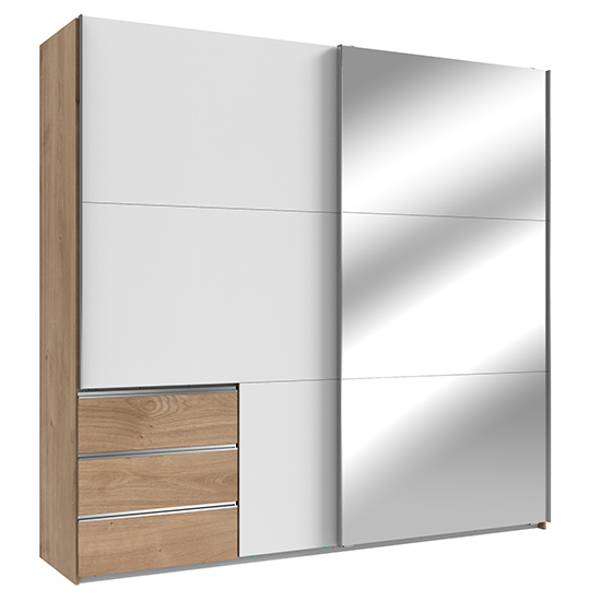 Read more about Alkesia wide mirrored door wardrobe in white and planked oak