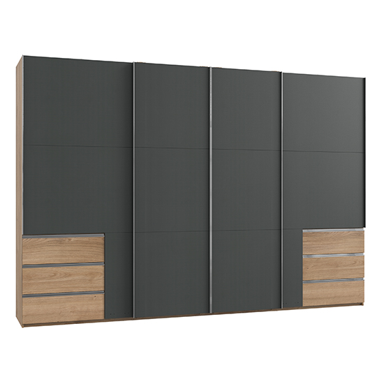 Alkesia Wide Sliding 4 Doors Wardrobe In Graphite Planked Oak