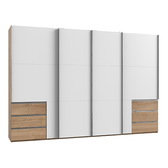 Read more about Alkesia wide sliding 4 doors wardrobe in white and planked oak