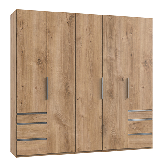 Read more about Alkesia wooden 5 doors wardrobe in planked oak with 6 drawers