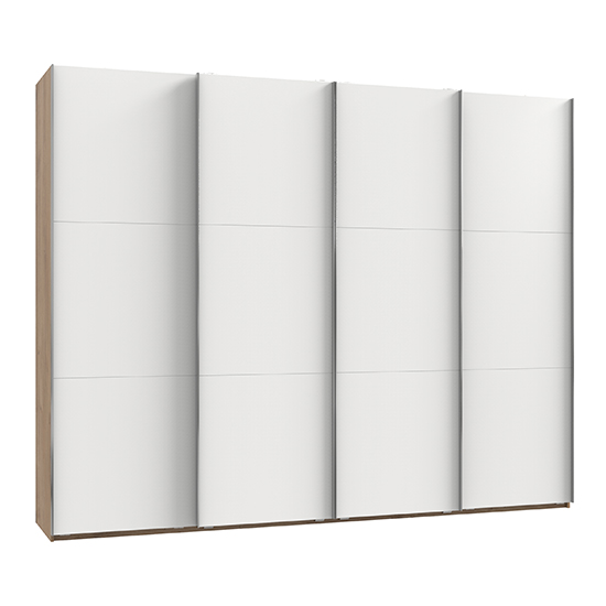 Alkesia Wooden Sliding 4 Doors Wardrobe In White And Planked Oak