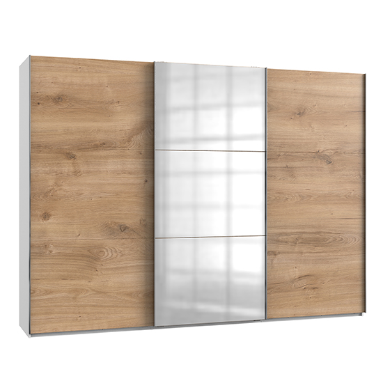 Read more about Alkesu mirrored sliding 3 door wardrobe in planked oak white