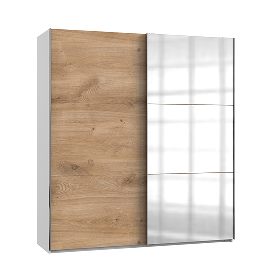 Read more about Alkesu mirrored sliding door wardrobe in planked oak and white