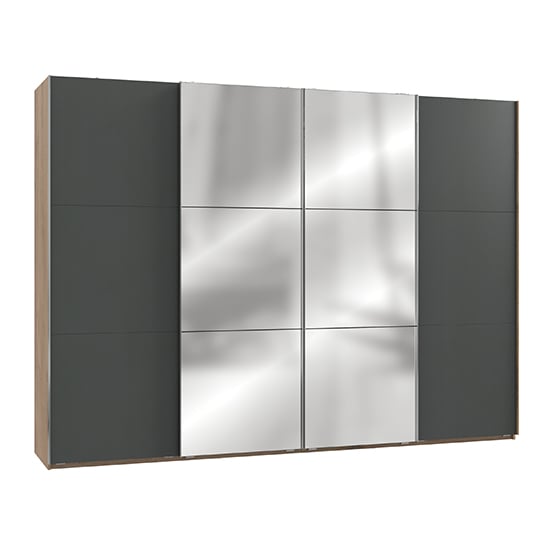 Read more about Alkesu mirrored sliding 4 doors wardrobe in graphite planked oak