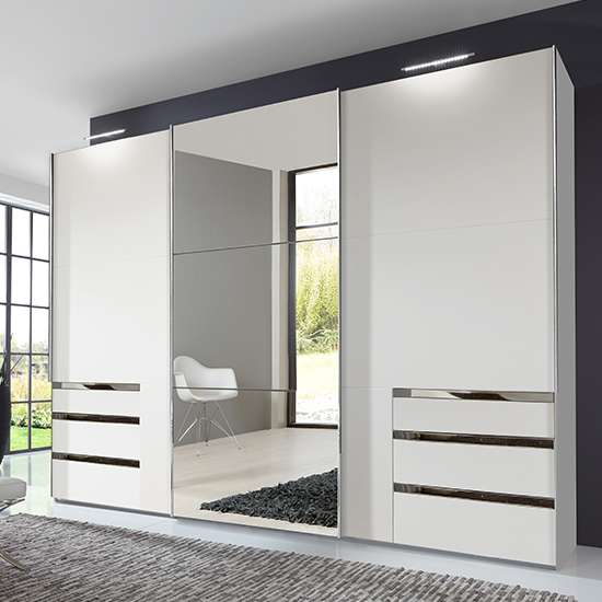 Read more about Alkesu mirrored sliding 3 doors wardrobe in white with 6 drawers