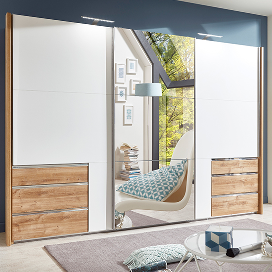 Read more about Alkesu sliding 3 doors mirrored wardrobe in white planked oak