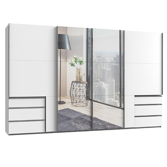 Read more about Alkesu mirrored sliding 5 doors wardrobe in white with 6 drawers