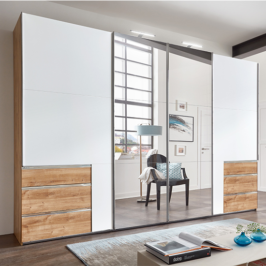 Read more about Alkesu sliding 5 doors mirrored wardrobe in white planked oak