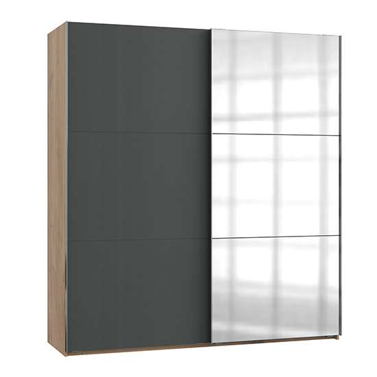 Read more about Alkesu mirrored sliding door wardrobe in graphite planked oak
