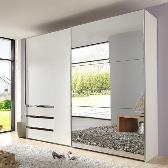 Read more about Alkesu mirrored sliding door wardrobe in white with 3 drawers