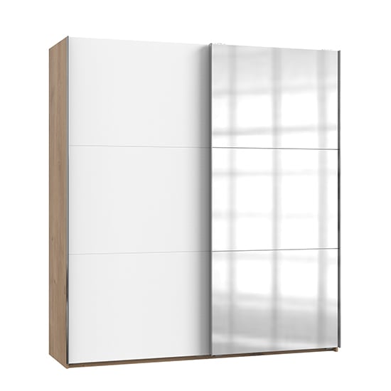 Read more about Alkesu mirrored sliding door wardrobe in white and planked oak