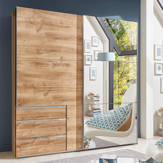 Read more about Alkesu mirrored sliding door wide wardrobe in planked oak