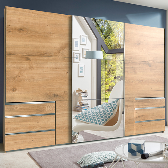 Read more about Alkesu mirrored sliding wardrobe in planked oak with 3 doors