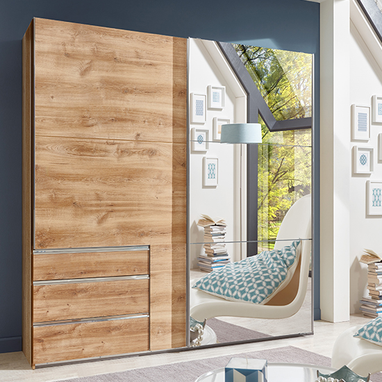 Read more about Alkesu mirrored sliding wardrobe in planked oak with 3 drawers
