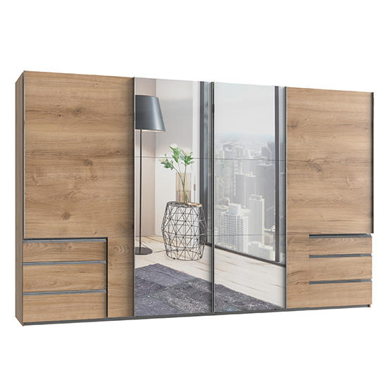 Read more about Alkesu mirrored sliding wardrobe in planked oak with 5 doors