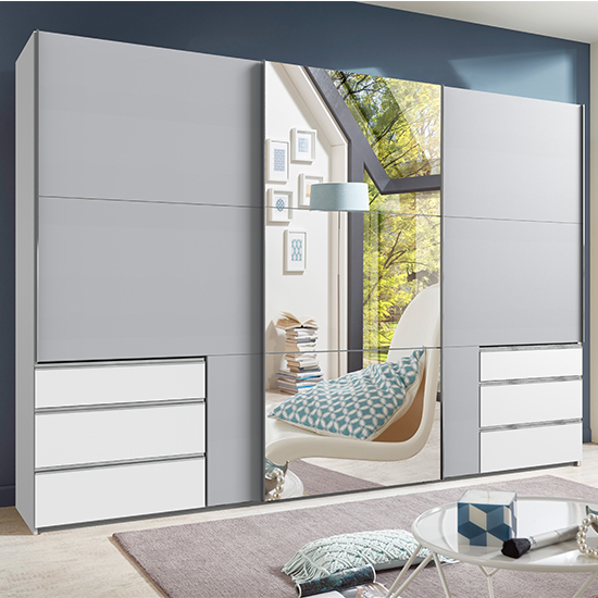 Read more about Alkesu mirrored sliding 3 doors wardrobe in light grey white