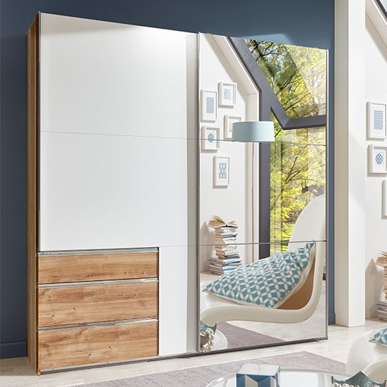 Read more about Alkesu mirrored sliding wardrobe in white and planked oak