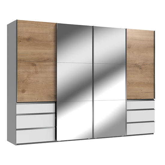 Read more about Alkesu sliding 4 doors mirrored wardrobe in planked oak white