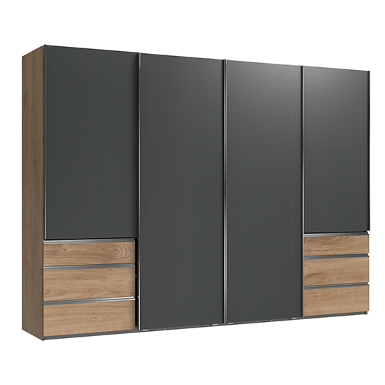 Read more about Alkesu sliding wardrobe in graphite and planked oak with 4 doors
