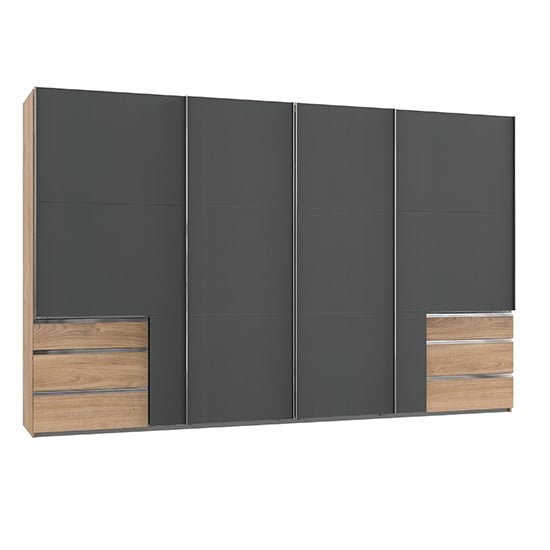 Read more about Alkesu sliding wardrobe in graphite and planked oak with 5 doors