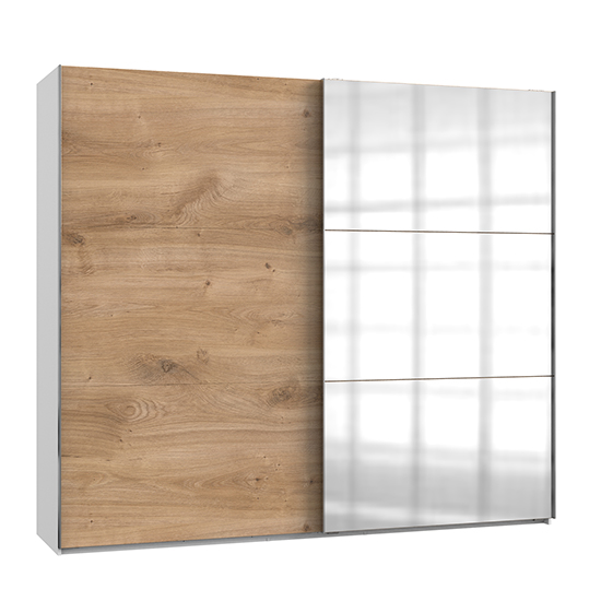 Read more about Alkesu wide mirrored sliding door wardrobe in planked oak white
