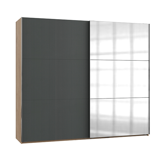 Read more about Alkesu wide mirrored sliding wardrobe in graphite planked oak