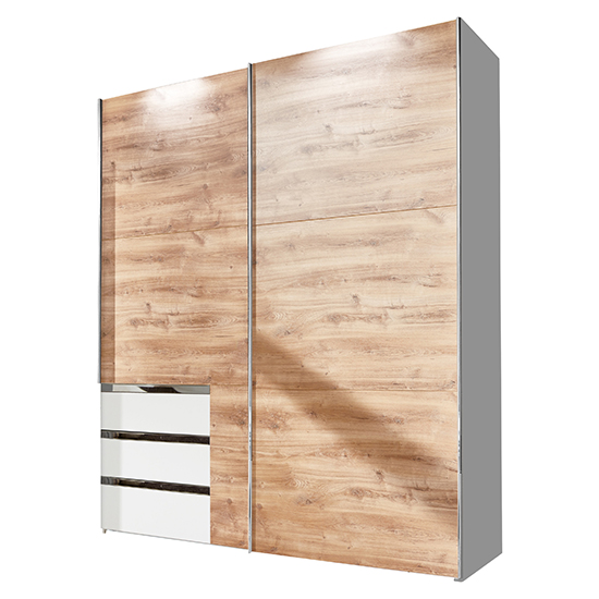 Read more about Alkesu wide sliding wardrobe in planked oak white with 3 drawers