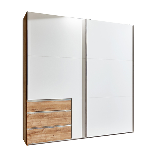 Read more about Alkesu wide sliding wardrobe in white planked oak with 3 drawers