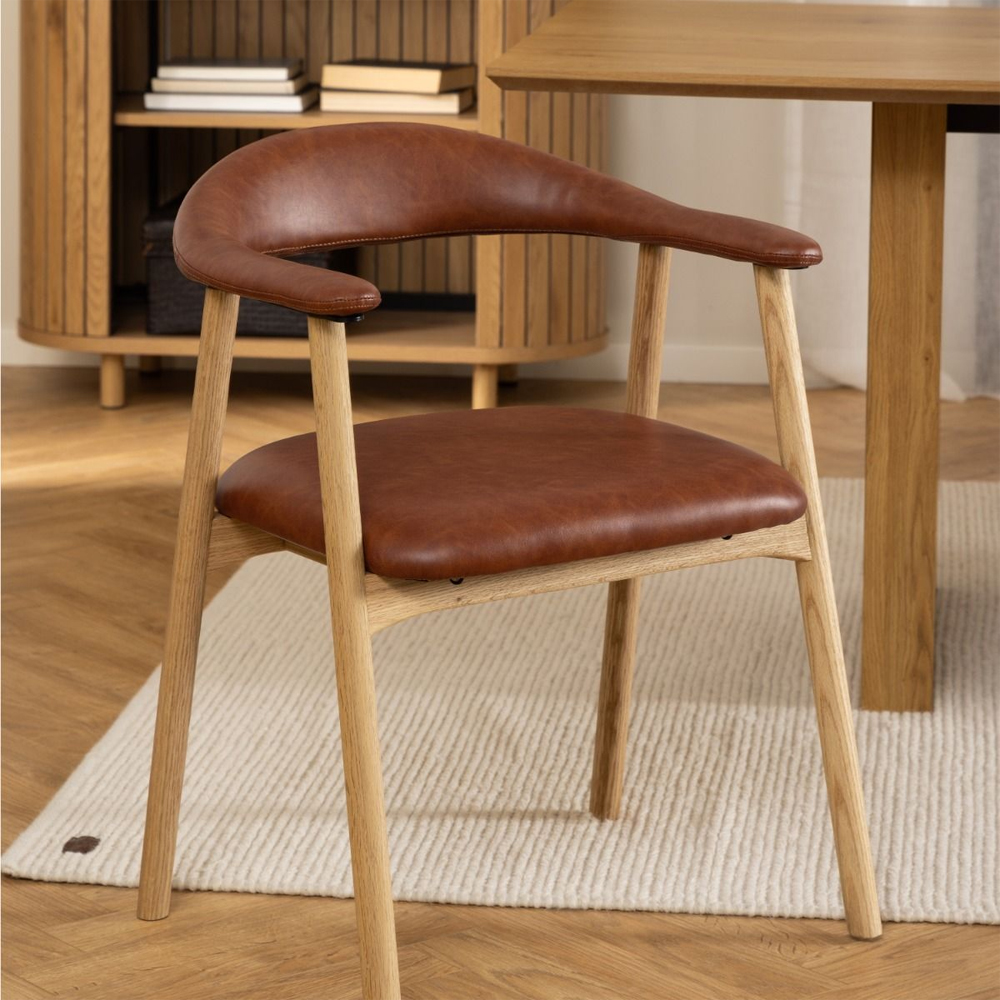 Allegan Brandy PU Leather Dining Chairs With Wooden Frame In Pair