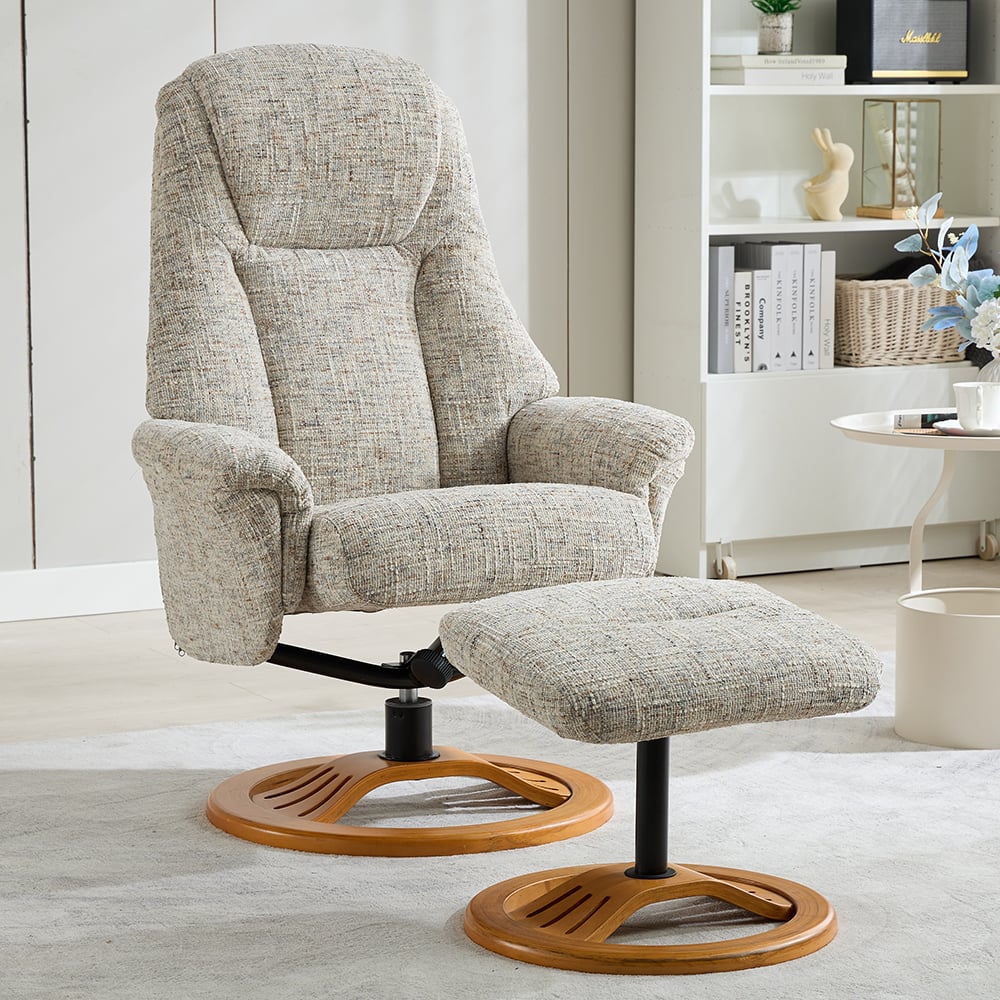 Allegan Fabric Recliner Chair With Stool In Frost