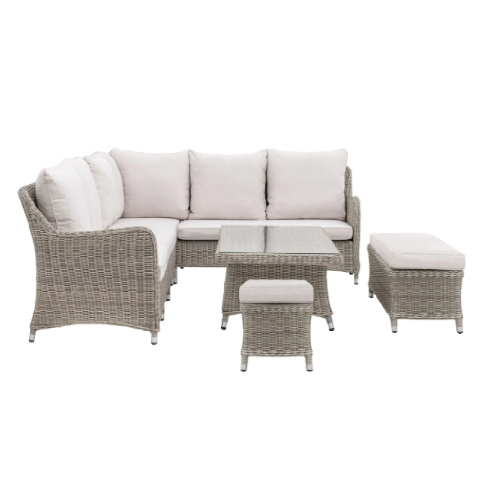 Allegan Outdoor Glass Top Dining Set With Cushion In Salt Spray
