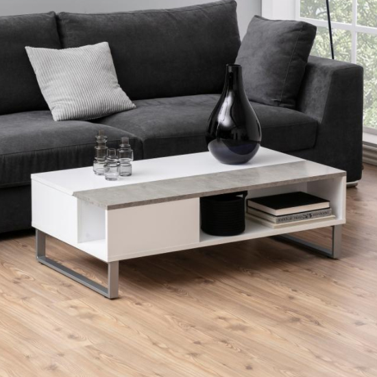 Allegan Wooden Lift-Up Coffee Table In White And Concrete Effect