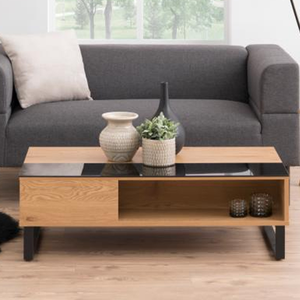 Allegan Wooden Lift Up Coffee Table With Black Glass In Wild Oak