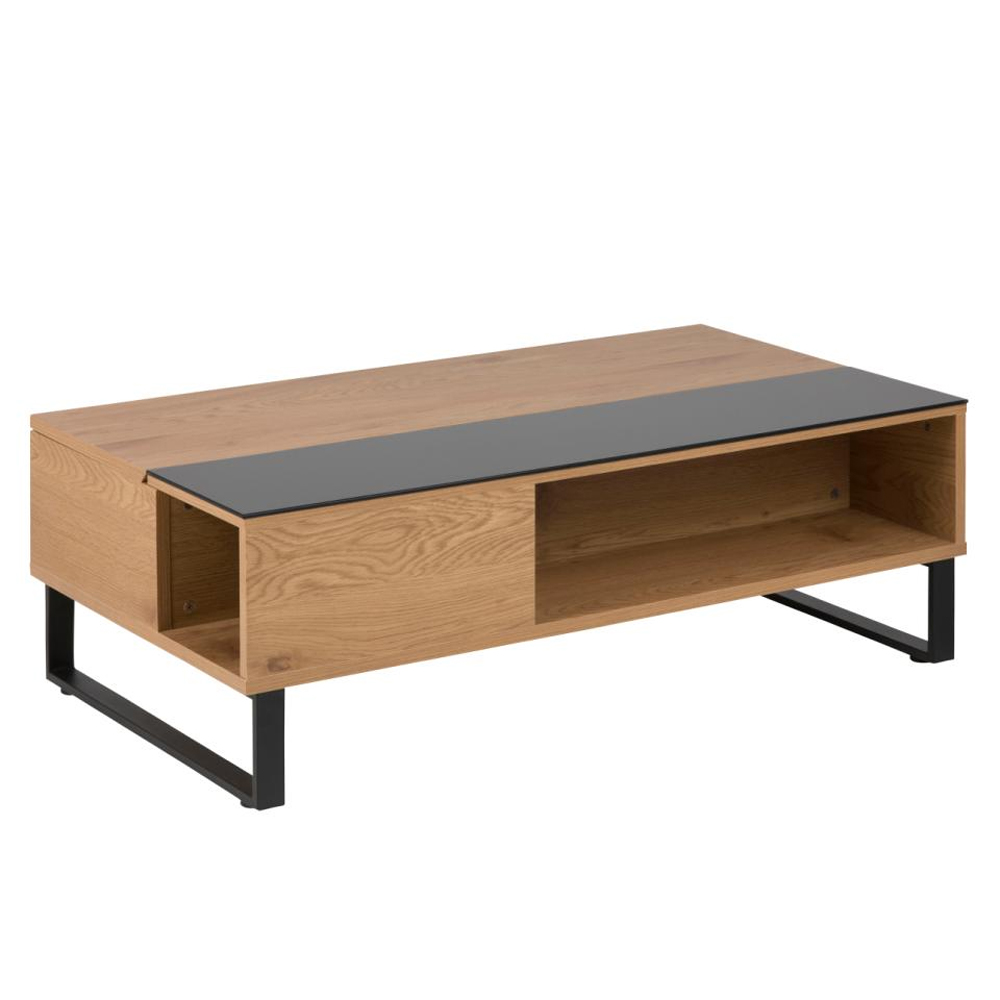 Allegan Wooden Lift Up Coffee Table With Black Glass In Wild Oak