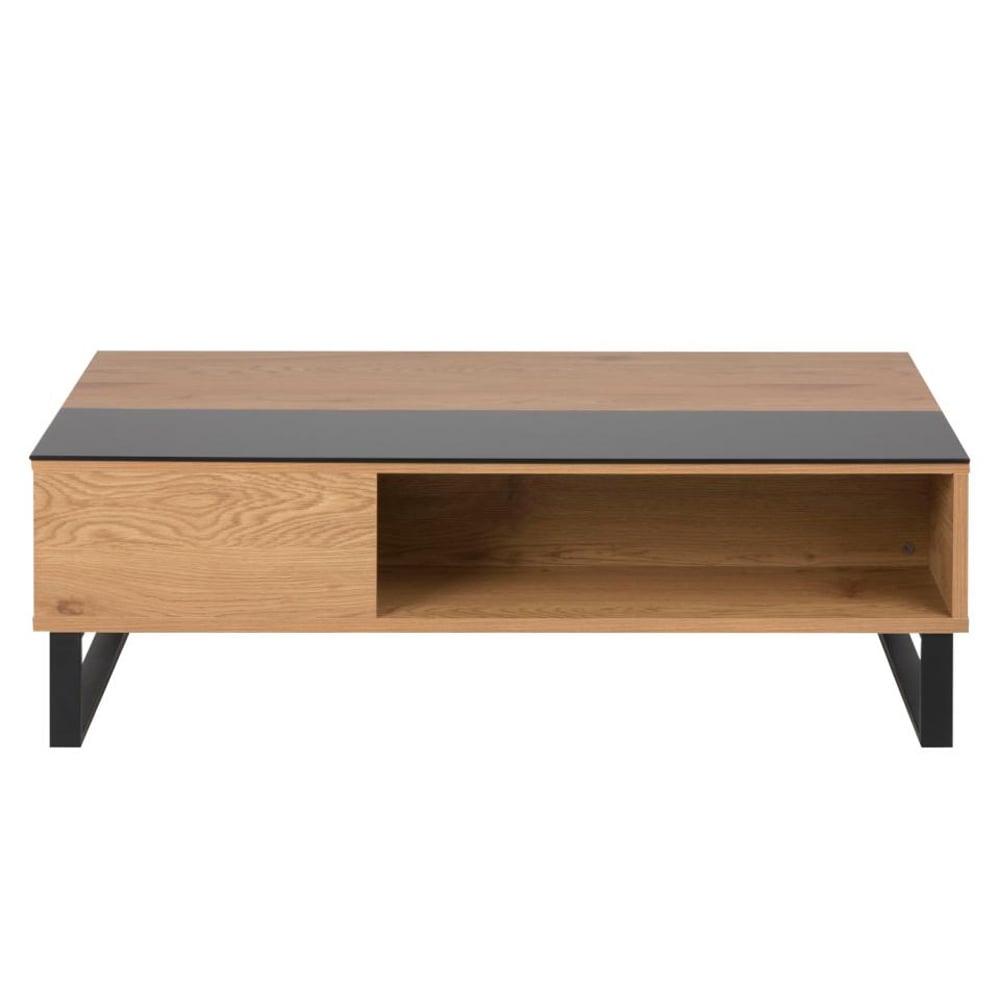 Allegan Wooden Lift Up Coffee Table With Black Glass In Wild Oak