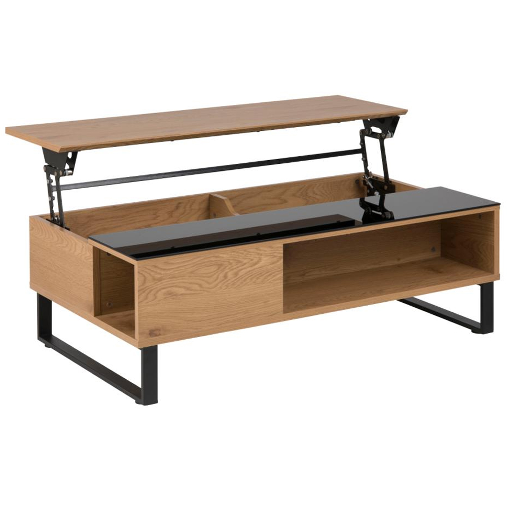 Allegan Wooden Lift Up Coffee Table With Black Glass In Wild Oak