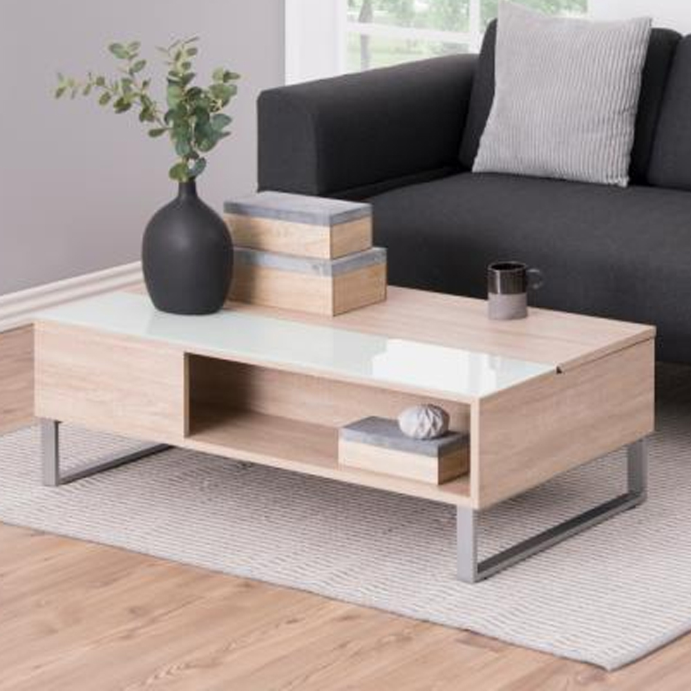 Allegan Wooden Lift Up Coffee Table With White Glass In Sonoma Oak