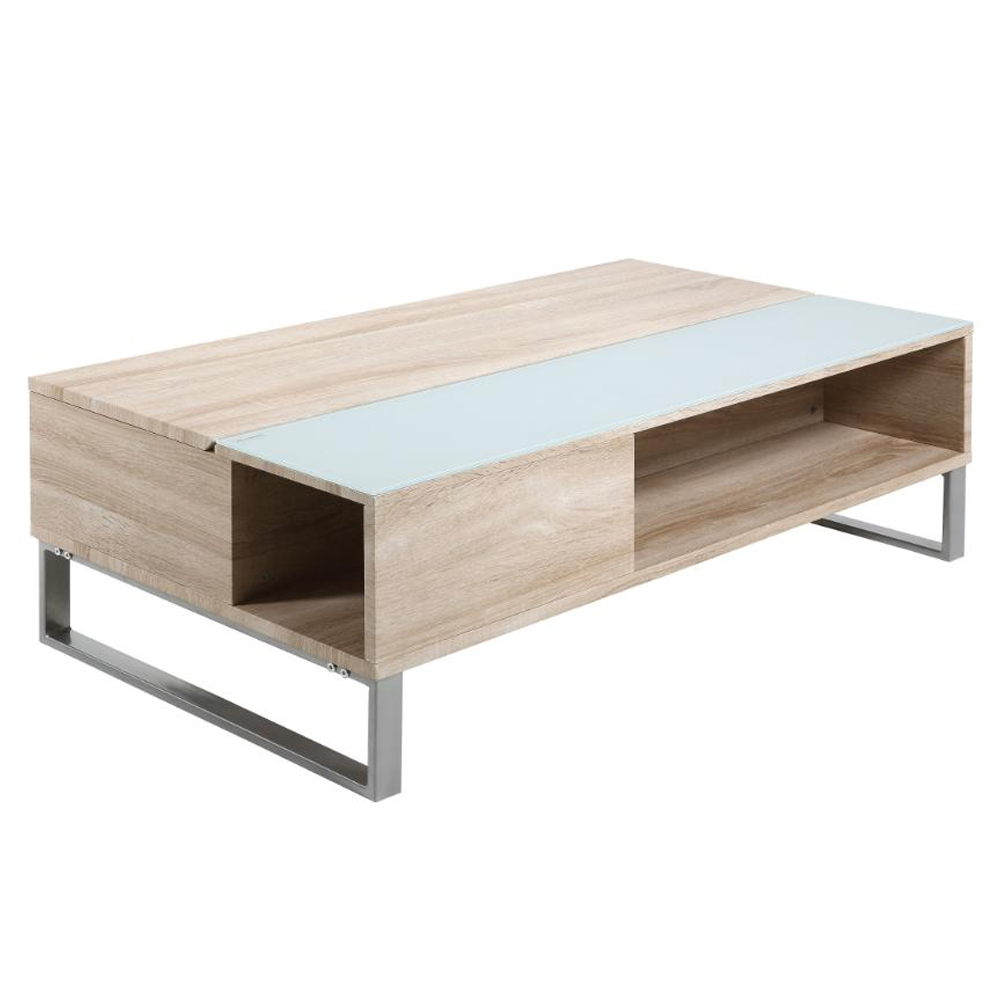 Allegan Wooden Lift Up Coffee Table With White Glass In Sonoma Oak