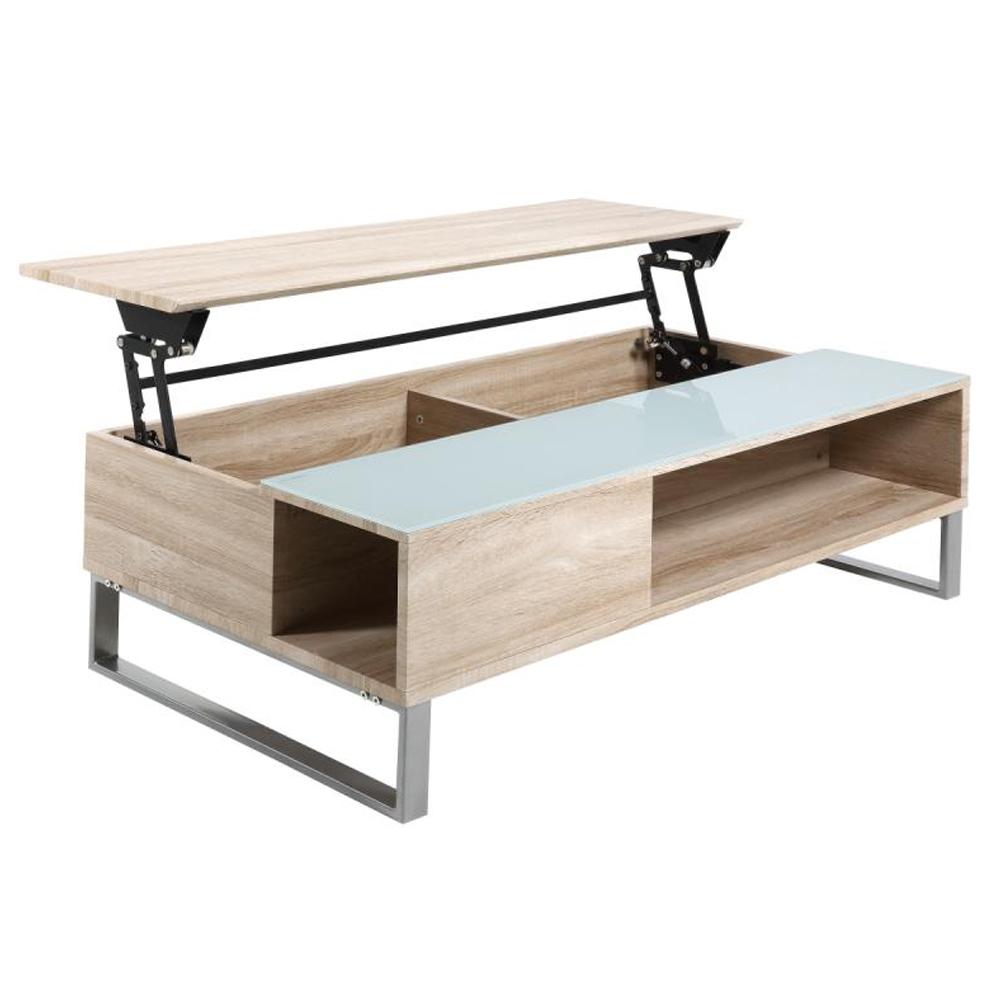 Allegan Wooden Lift Up Coffee Table With White Glass In Sonoma Oak