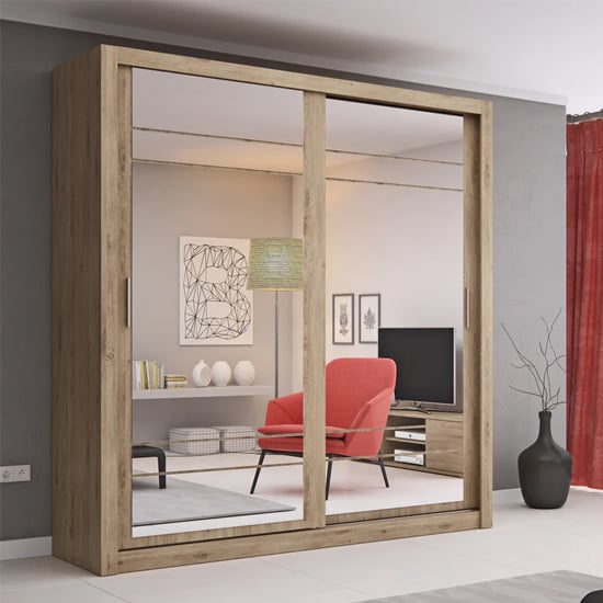 Product photograph of Allen Large Wardrobe With 2 Mirror Sliding Doors In Shetland Oak from Furniture in Fashion