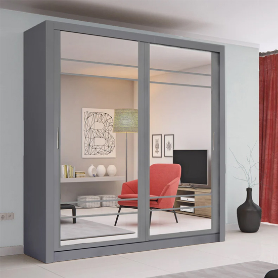Product photograph of Allen Large Wardrobe With 2 Mirrored Sliding Doors In Matt Grey from Furniture in Fashion