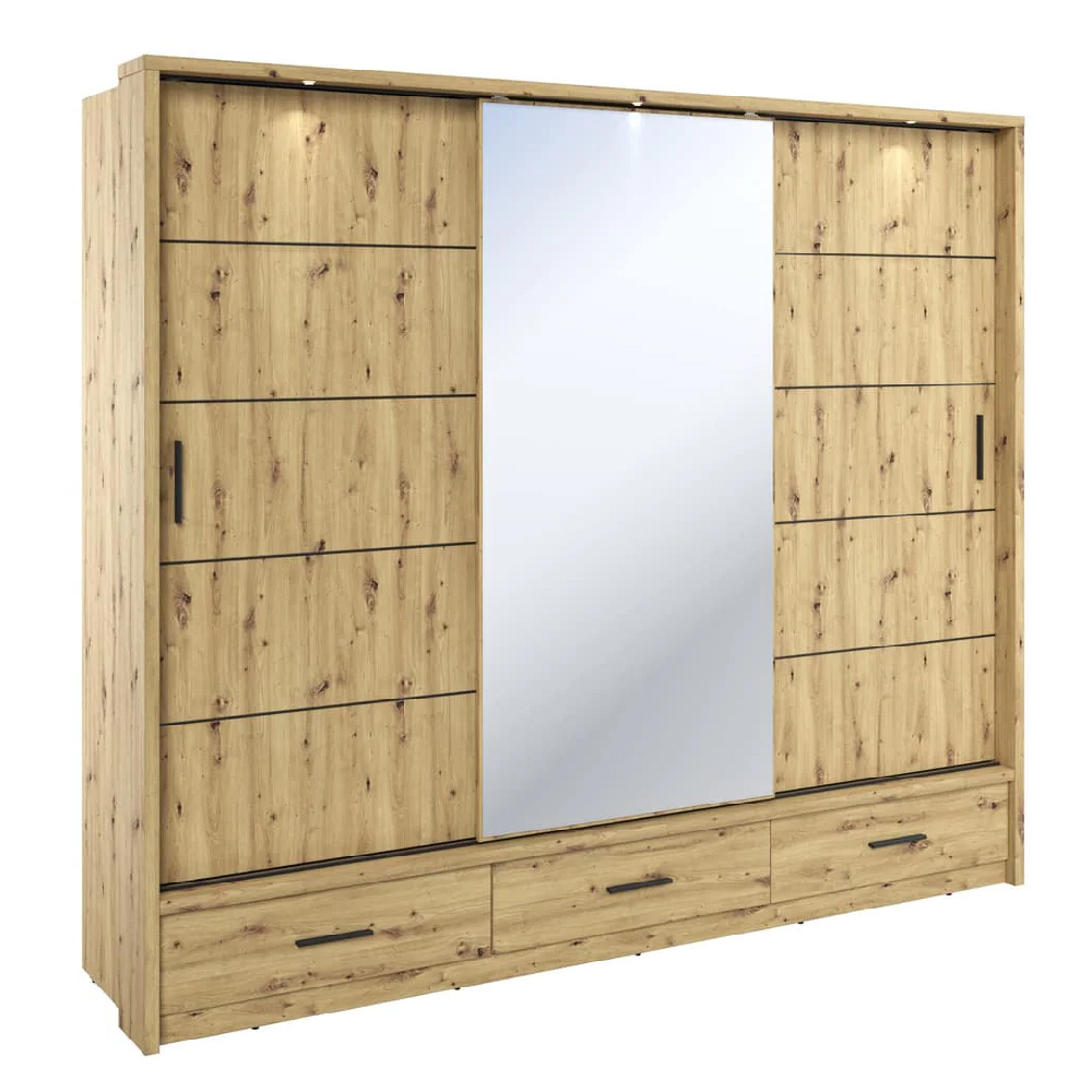 Allen Wooden Wardrobe 3 Sliding Doors In Artisan Oak With LED
