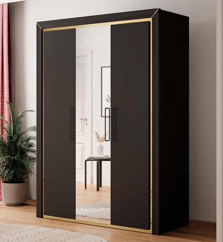 Allen Mirrored Wardrobe With 3 Hinged Doors In Black