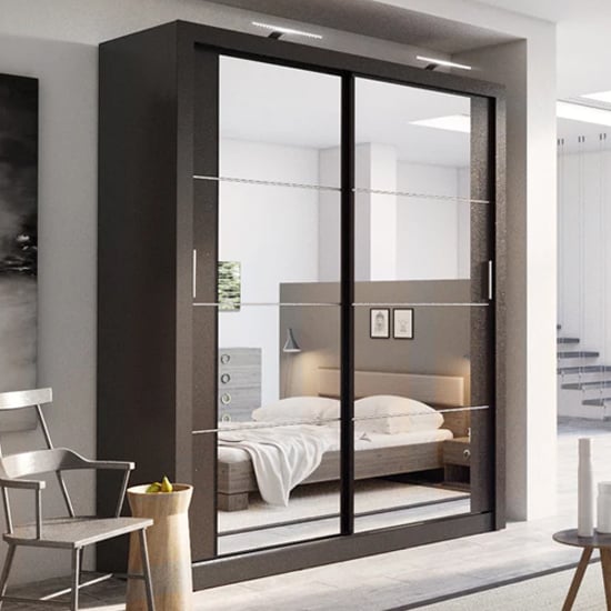 Product photograph of Allen Wardrobe With 2 Mirrored Sliding Doors In Matt Black from Furniture in Fashion