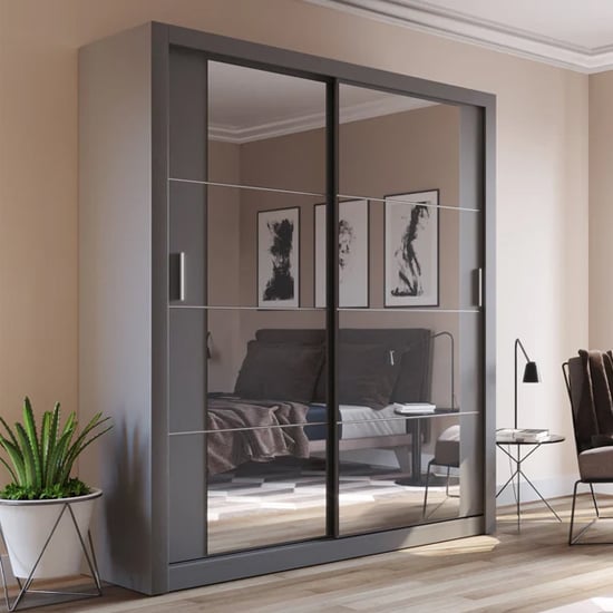 Product photograph of Allen Wardrobe With 2 Mirrored Sliding Doors In Matt Grey from Furniture in Fashion