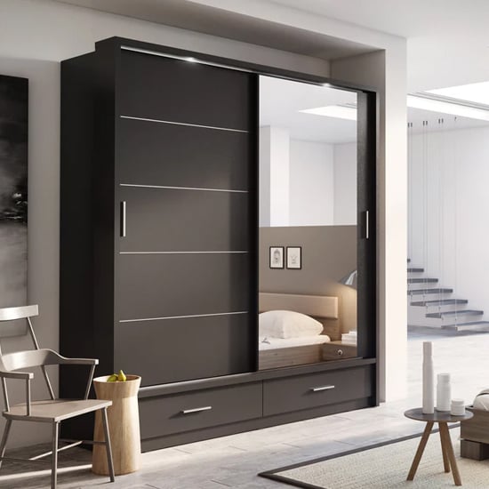 Read more about Allen wardrobe with 2 sliding doors and drawers in matt black