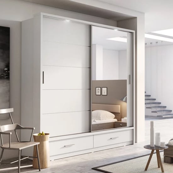 Photo of Allen wardrobe with 2 sliding doors and drawers in matt white