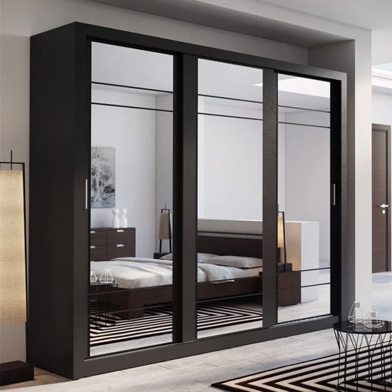 Product photograph of Allen Wardrobe With 3 Mirrored Sliding Doors In Matt Black from Furniture in Fashion