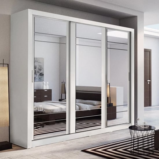 Photo of Allen wardrobe with 3 mirrored sliding doors in matt white