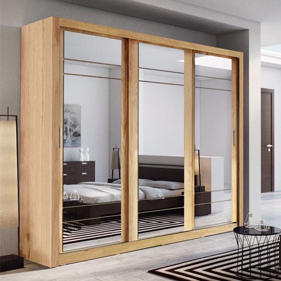 Product photograph of Allen Wardrobe With 3 Mirrored Sliding Doors In Shetland Oak from Furniture in Fashion